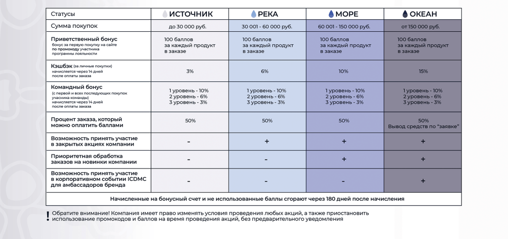 Сводная таблица бонусов программы лояльности ICDMC